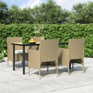 The Living Store Tuinset Bistro - 160 x 80 x 74 cm - Weerbestendig PE-rattan - Gehard glazen tafelblad - Comfortabele gebogen rug- en armleuningen - Beige stoel met crèmewit kussen - Levering bevat 1 tafel - 4 stoelen en kussens