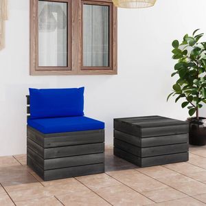 The Living Store Pallet Tuinset - Grenenhout - Blauwe Kussens - 60x65x71.5cm - 60x60x41.5cm - Modulair