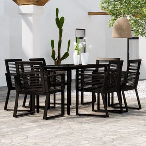 The Living Store Tuinset - Eettafel en 6 stoelen - 140 x 70 x 74 cm - zwart - Gepoedercoat staal en glas - PVC-rattan