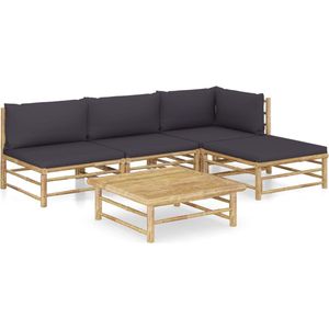 The Living Store Bamboe Lounge Set - Hoekbank - Middenbank - Voetenbank - Tafel - Donkergrijs Kussen - 65x70x60 cm -