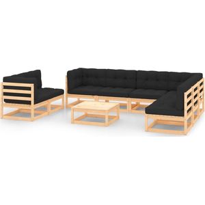 The Living Store Tuinset - Massief grenenhout - Antraciet kussen - 5x middenbank - 3x hoekbank - 1x tafel - 7x