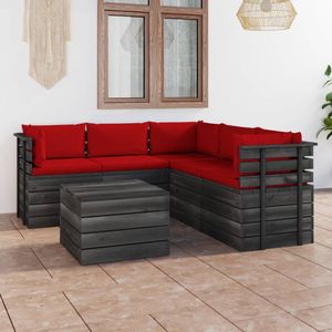 The Living Store Pallet loungeset - Massief grenenhout - Modulair - Rode kussens