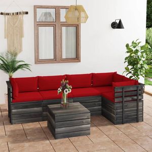 The Living Store Loungeset Pallet - Grenenhout - 60x65x71.5 cm - Rood kussen