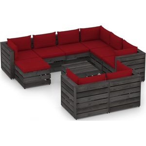 The Living Store Pallet Loungeset - Grenenhout - 69x70x66 cm - Wijnrood kussen