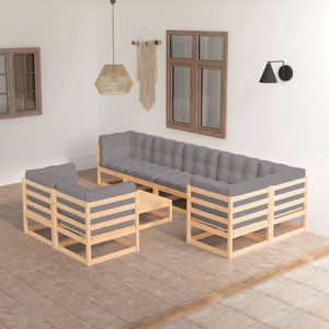 The Living Store Tuinset - Massief grenenhout - Grijs kussen - 3x middenbank - 5x hoekbank - 1x tafel - 70x70x67cm - Montage vereist