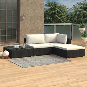 The Living Store Rattan loungeset - Hoekbank - Middenbank - Voetensteun - Salontafel - Zwart - PE-rattan en stalen frame - 70 x 70 cm