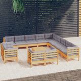 The Living Store Loungeset Massief Grenenhout - Hoekbank 63.5x63.5x62.5cm - Middenbank 63.5x63.5x62.5cm - Voetenbank/Tafel 63.5x63.5x28.5cm - Grijs