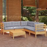 The Living Store Loungeset Hoekbank - Grenenhout - Grijs - 63.5x63.5x62.5 cm - Inclusief kussens