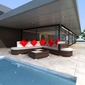 8-tlg. Garten-Lounge-Set mit Kissen Poly Rattan Braun - Loungeset - Gartenmöbel - Rattan Möbel - Outdoor Sofa - Esszimmergarnitur - The Living Store