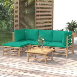 The Living Store Bamboe Tuinmeubelset - 4-zits hoekbank - middenbank - voetenbank - tafel - Groene kussens - Duurzaam materiaal