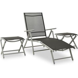 The Living Store Tuinstoel Aluminium/Zwart/Zilver 178x61.5x60cm - Verstelbare rugleuning - comfortabele textileen zitting - Inklapbaar design - Set van 1 stoel - 2 voetensteunen