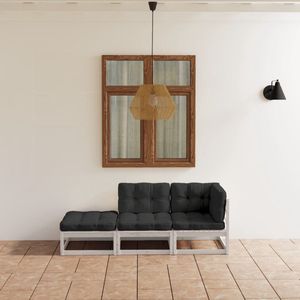 The Living Store Loungeset - Massief grenenhout - Wit - Antraciet - 70 x 70 x 67 cm - Inclusief kussens - Montage