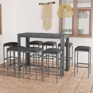 The Living Store 9-delige Tuinbarset met kussens poly rattan grijs - Tuinbarset - Barset - Buitendecor - Tuinset - Lounge Set