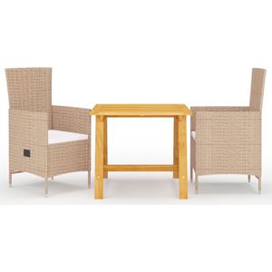 The Living Store Tuinset - Acaciahouten eettafel en verstelbare stoelen - Beige ratan - Afmetingen tafel- 88x88x74 cm - Afmetingen stoel- 58x62x108 cm - Inclusief kussens