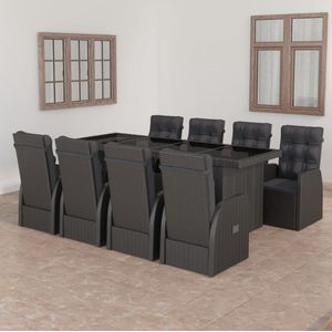 The Living Store 9-delige Tuinset met kussens poly rattan zwart - Tuinmeubilair - Tuinset - Lounge Set - Buitendining - Eetkamerset