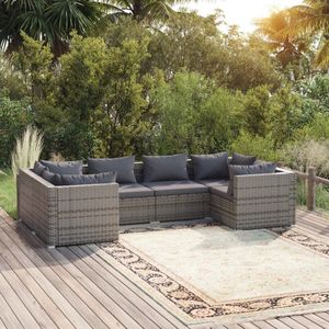 The Living Store 6-delige Loungeset met kussens poly rattan grijs - Tuinstoel - Lounge Set - Buis Stoel - Poly Rattan - Outdoor Furniture