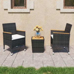 The Living Store Bistroset - 3-delig - Zwart - Poly rattan - staal - stof en massief acaciahout - Afmetingen tafel 41.5 x 41.5 x 43 cm - Afmetingen stoel 52 x 57 x 84 cm - Inclusief zitkussens - Montage vereist - The Living Store