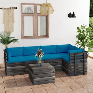 The Living Store Pallet Loungeset - Tuinmeubelset - Massief grenenhout - Modulair design - Lichtblauwe kussens