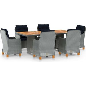 The Living Store 7-delige Tuinset met kussens poly rattan lichtgrijs - Eetkamerstoel - Tuinset - Buitentijd - Lounge Set - Outdoor Meubels