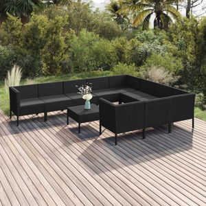 The Living Store Loungeset Modulair Zwart - PE-rattan - 6x Middenbank - 4x Hoekbank - 1x Tafel - Kussens - 100% polyester