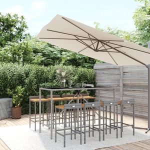 The Living Store 9-delige Tuinbarset poly rattan en massief acaciahout grijs - Tuinbarset - Barstoelen - Buitentafel - Lounge Set - Tuinset