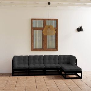 The Living Store Loungeset - Grenenhout - Zwart - 70x70x67 cm - Antraciet kussen