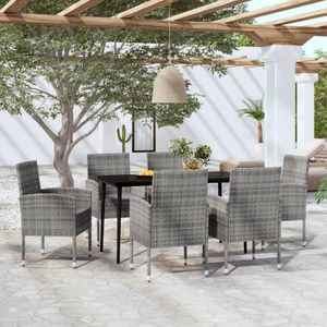 The Living Store Tuinset - Buiteneetset - 140x70x74 cm - Stalen frame - PE-rattan - Glas - Antraciet stoel - Donkergrijs kussen - Weerbestendig - Montage vereist - 1 tafel - 6 stoelen - 6 zitkussens