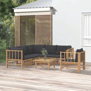 The Living Store Loungeset Bamboe - 2x middenbank 3x hoekbank 1x stoel 1x tafel - donkergrijs kussen