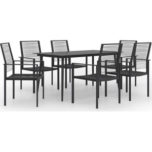 The Living Store Tuinset - Eettafel met 6 stoelen - Glas en gepoedercoat staal - Zwart - 150 x 80 x 74 cm (L x B x H) -