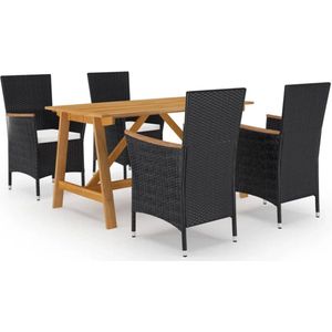 The Living Store Tuinset Acaciahout - Eettafel 140x70x73.5cm - Stoel 52x57x84cm - PE-rattan - Staal - Zwart - Crèmewit Kussen - Montage vereist - 1 tafel - 4 stoelen - 4 zitkussens