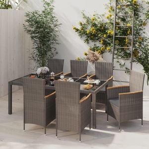 The Living Store Eethoek Rattan Tafel - 190x90x75 cm - Zwart - Stoel Grijs - 6x Kussen - Montage vereist