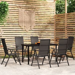 The Living Store Tuintafelset - Zwart - Gepoedercoat staal en glas - 140 x 70 x 74 cm - PE-rattan stoelen - Verstelbare rugleuning - Weerbestendig - 6 stoelen - 1 tafel