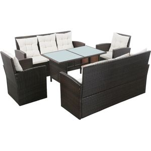 The Living Store Loungeset Poly Rattan - Bruin/Crèmewit - PE-rattan - 160x62x87cm - Polyester kussenhoes
