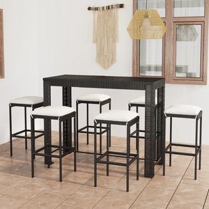 The Living Store Barset Oasi - Tafel- 140.5 x 60.5 x 110.5 cm - Stoel- 38 x 38 x 76 cm - Zwart PE-rattan en stalen frame - Incl - 6 krukken en kussens