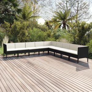 The Living Store Loungeset All-Weather - PE-rattan - 6x middenbank - 3x hoekbank - Zwart - 57x69x69 cm - Inclusief kussens