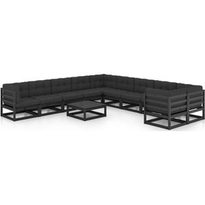 The Living Store Loungeset Grenenhouten - Hoekbank + Middenbank + Tafel - Zwart - 70x70x67cm - Inclusief Kussens