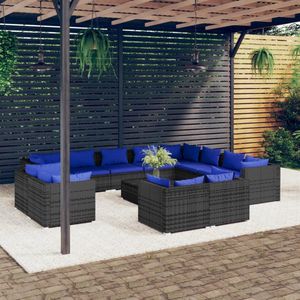 The Living Store Loungeset Poly Rattan - 13-delig - Grijs - Donkerblauwe Kussens