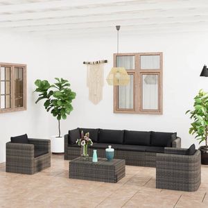 The Living Store Loungeset - PE-rattan - Grijs - 2 hoekbanken - 2 middenbanken - 2 eenzitsbanken - 1 tafel - 6 zitkussens - 8 rugkussens