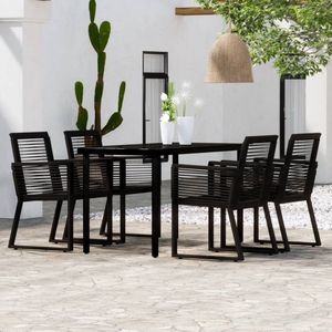 The Living Store Tuinset - Zwarte tafel en 4 stoelen - Staal en glas - 140 x 70 x 74 cm - PVC-rattan - 53 x 57 x 77 cm