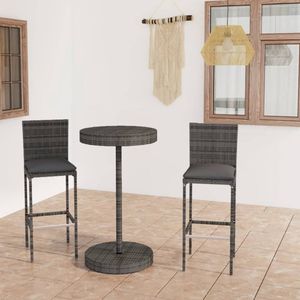The Living Store 3-delige Tuinbarset met kussens poly rattan grijs - Tuinbarset - Bartafel - Barkrukken - Buitentijd - Lounge