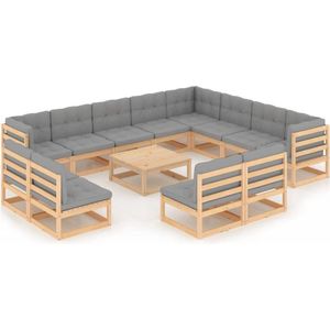 The Living Store Lounge set - Grenenhout - 3 hoekbank - 9 middenbank - 1 tafel - Grijs kussen - 70 x 70 x 67 cm - 100%