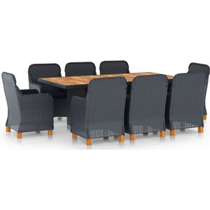 The Living Store 9-delige Tuinset met kussens poly rattan donkergrijs - Eetkamerset - Buiteneetkamer - Lounge Set - Terrassenmeubilair - Ratan Meubels