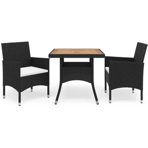 3-tlg. Garten-Essgruppe Schwarz Poly Rattan und Akazienholz - Gartenmöbel - Essgruppe - Outdoor Furniture - Terrasse Möbeln - Rattan Gartenmöbel