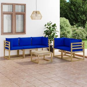 The Living Store Houten Tuinset - Hoekbank en Tafel - Blauwe Kussens - Grenenhout - 64 x 64 x 70 cm - 100% Polyester