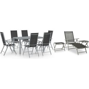 The Living Store Tuinset - Aluminium - Zwart/Zilver/Lichtgrijs - 6 stoelen - 1 ligstoel - 2 voetensteunen/tafels - 1