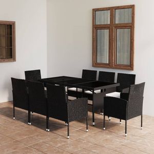 The Living Store Poly Rattan Tuinset - 170 x 80 x 74 cm - zwart - PE-rattan en staal - glas tafelblad - 8 stoelen -