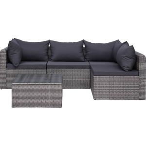 The Living Store Loungeset PE Rattan - Grijs - Hoekbank - Middenbank - Salontafel - 72 x 72 x 63 cm - Inclusief zit- en rugkussens - Polyester hoezen - Eenvoudig te monteren