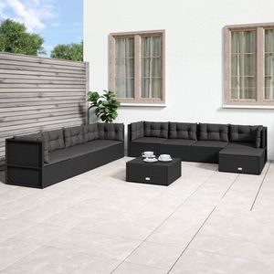 The Living Store Loungeset Modulair Zwart - 54x54x24.5/38/50/55 cm - PE-rattan - Staal - Verstelbare zitting - Comfortabele kussens