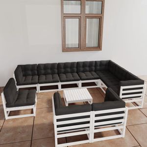 The Living Store Loungeset - Grenenhout - 5 hoekbank + 5 middenbank + tafel - Wit - Antraciet - 70x70x67cm - Montage