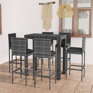 The Living Store 7-delige Tuinbarset met kussens poly rattan grijs - Tuinbarset - Barstoelen - Buitendecoratie - Lounge Set - Buitenleven